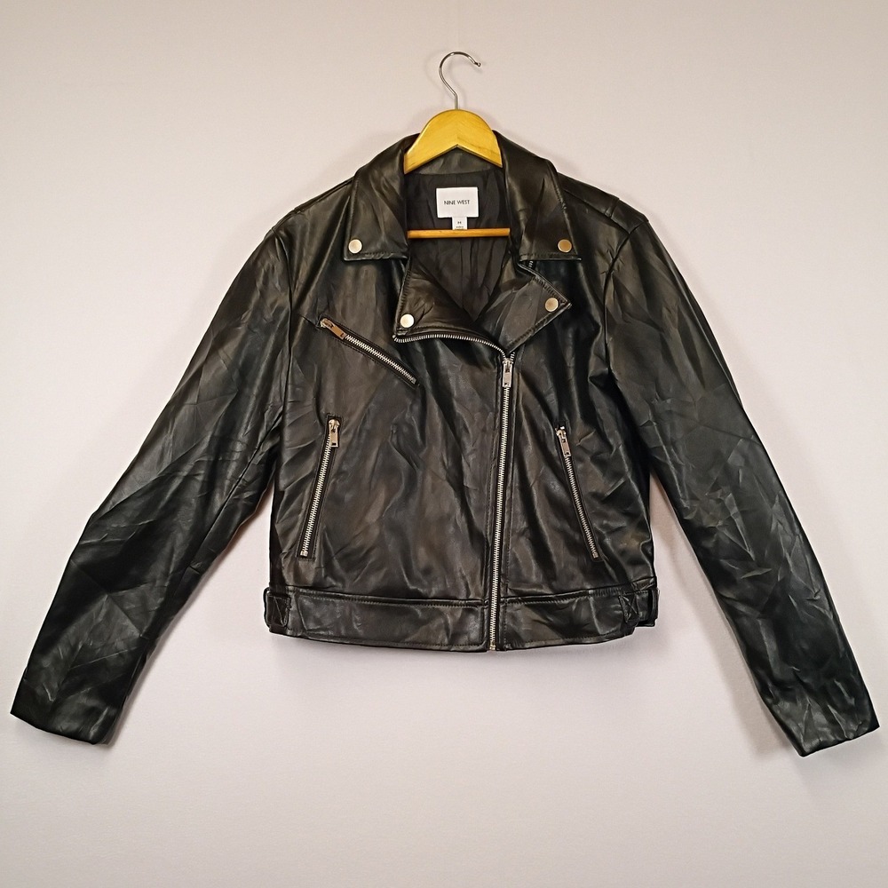 Edgy Biker Nine West Womens Medium Black Imitation Leather Moto Jacket